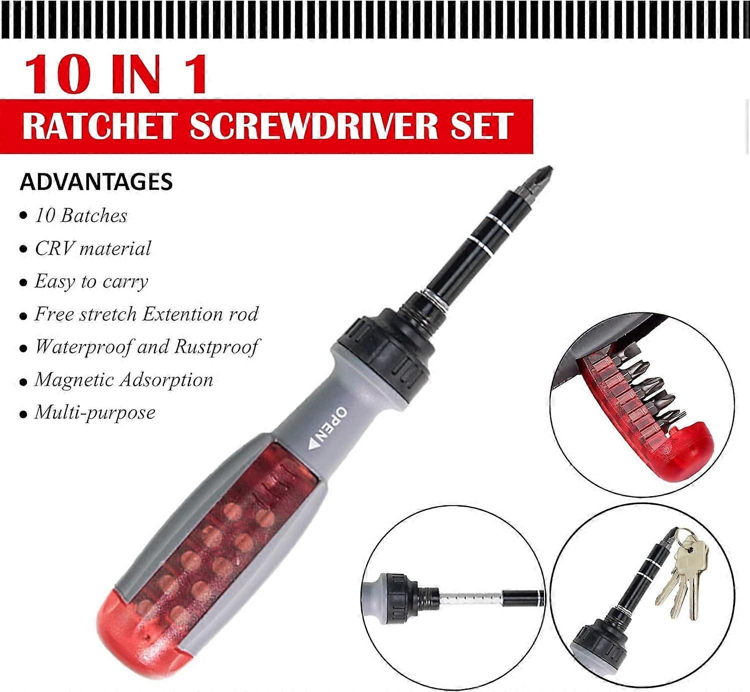 Ratcheting Screwdriver with Magnetic Bit Ratchet, Multi Bit Set, 10 in 1 Screwdriver Small Pocket Stubby Design, 1 Pack All in One Screwdriver