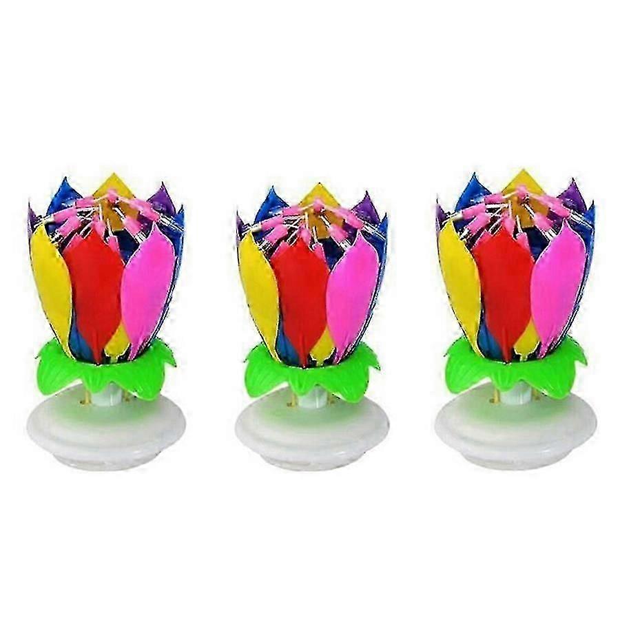 Lot de 3 bougies d'anniversaire musicales multicolores en forme de lotus rotatif
