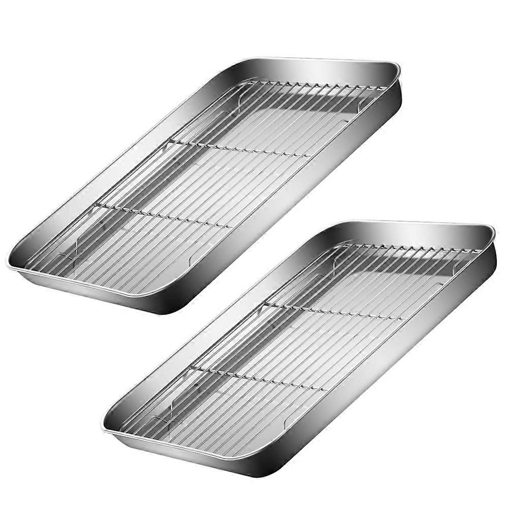 Stainless Steel Cooling Rack and Baking Pans Set for Home Use Silver Multifunctional Drain Net Grill Storage Trays 2 Sets