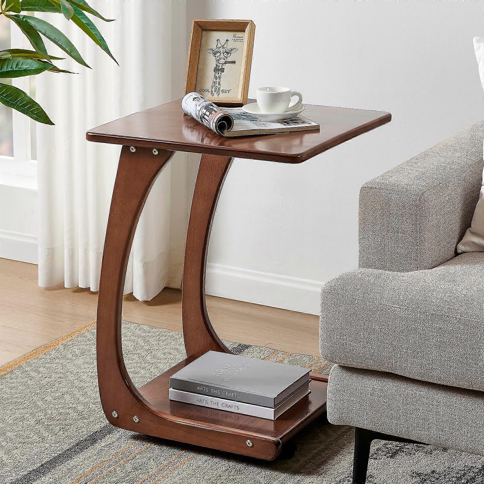 C Shaped End Table with 360° Swivel Locking Wheels, Solid Rubberwood Sofa Side Table for Living Room and Bedroom, Walnut