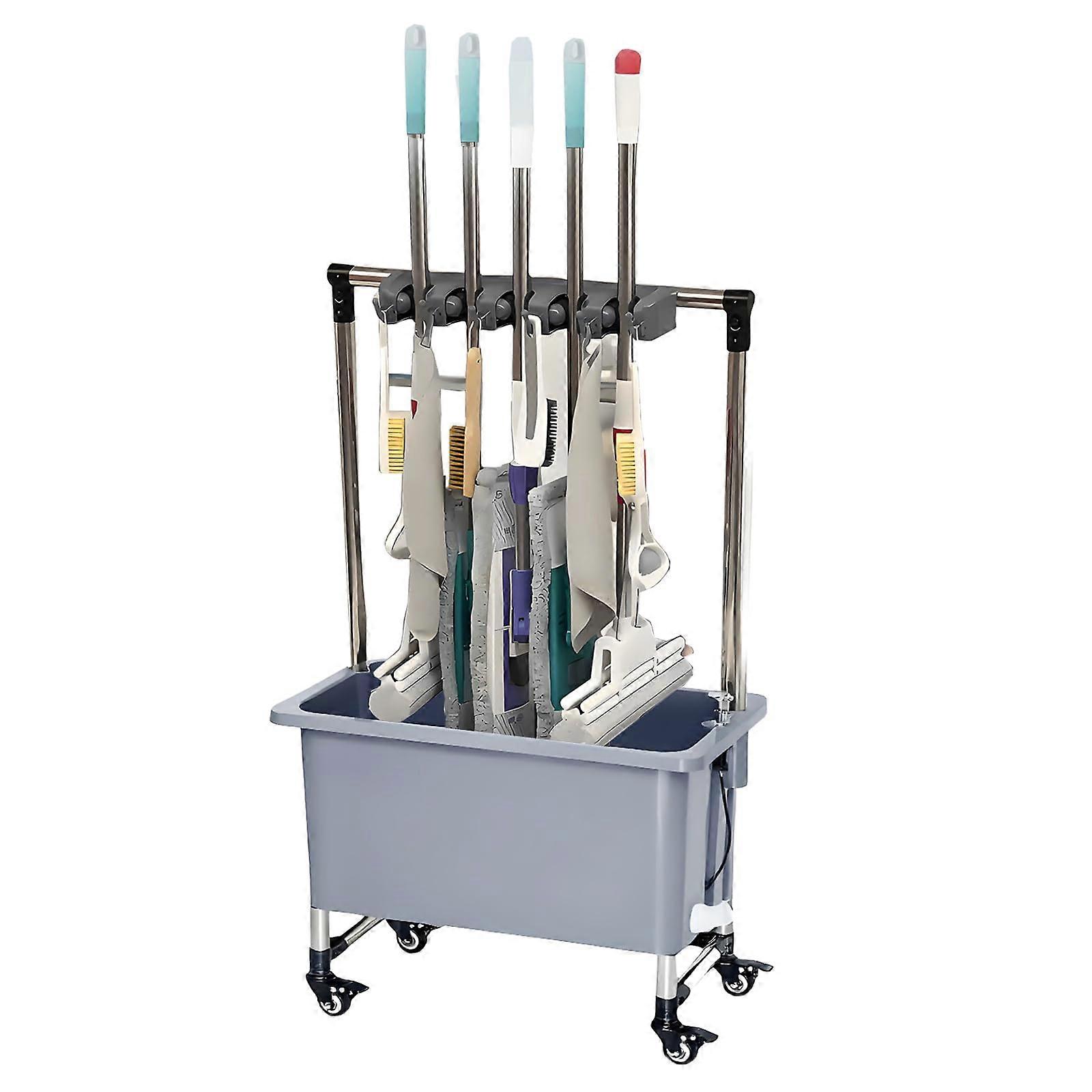 Commercial Mop Sink with Wheels, Plastic Utility Basin with Drain, Rolling Cleaning Station with Hooks, Gray