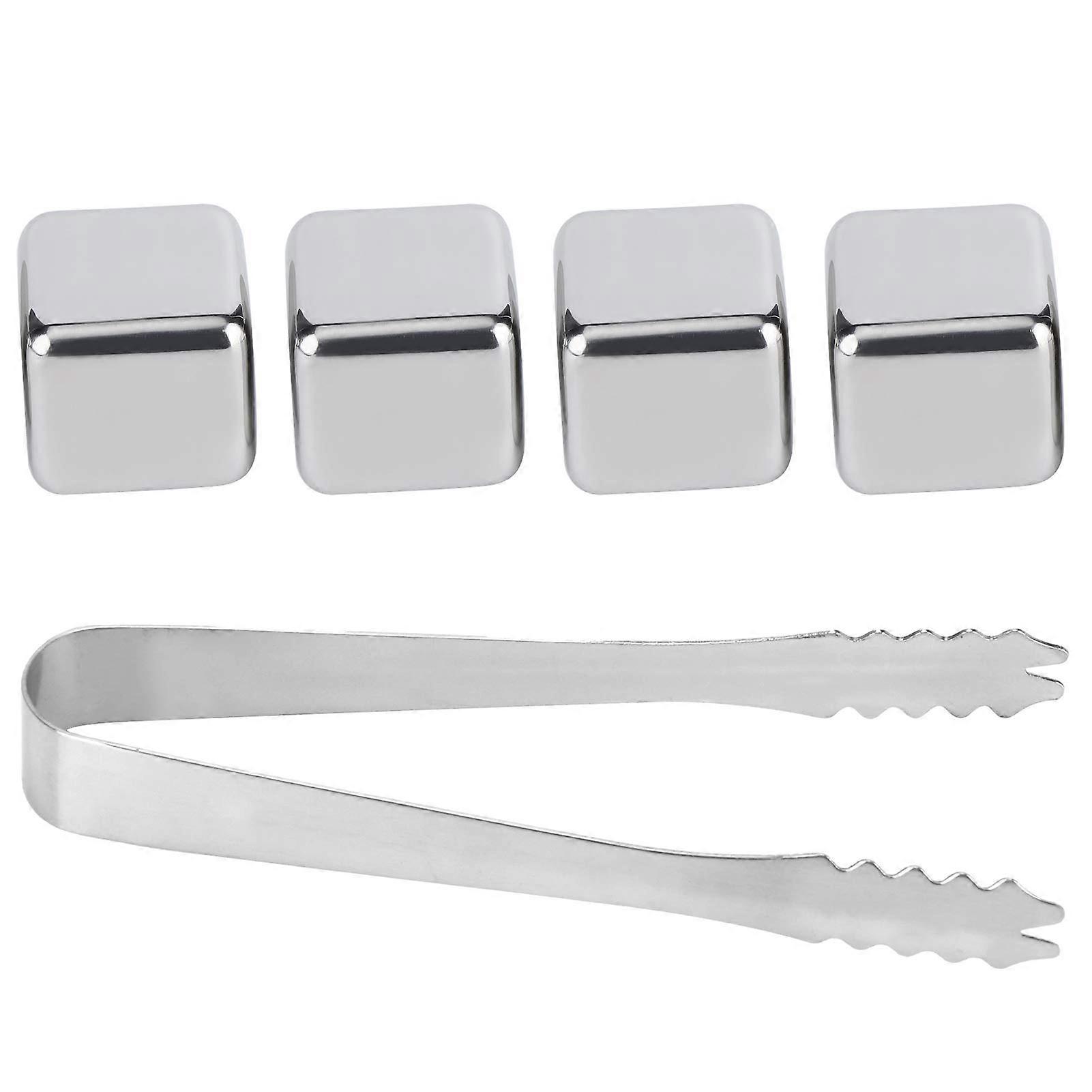 Reusable 304 Stainless Steel Ice Cubes Set with Clamp, Whiskey Chilling Stones for Drinks, 4pcs