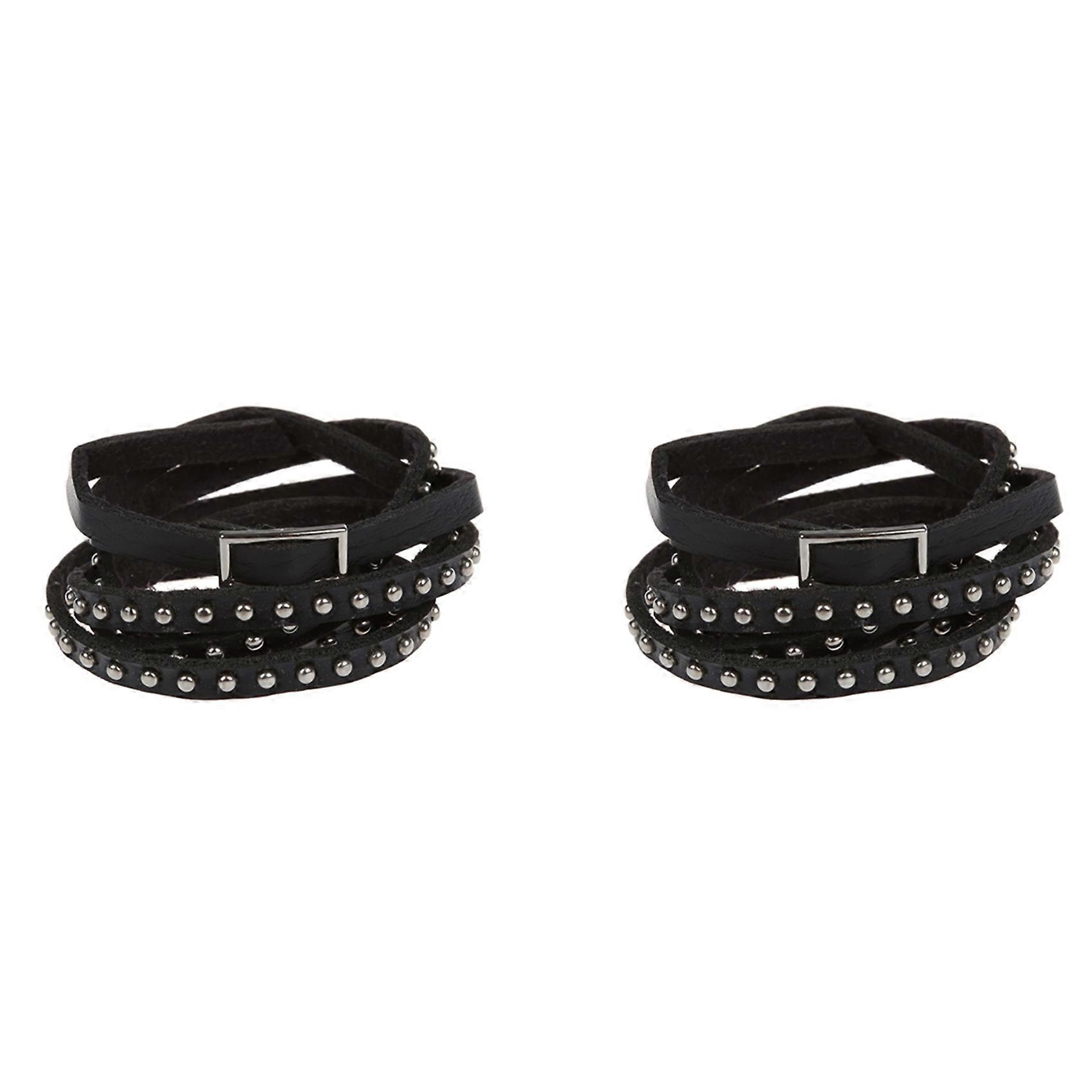 2X Unisex Punk Rock Multi-Layer Rivet Stud Bracelet Bangle Wrap Cuff Black