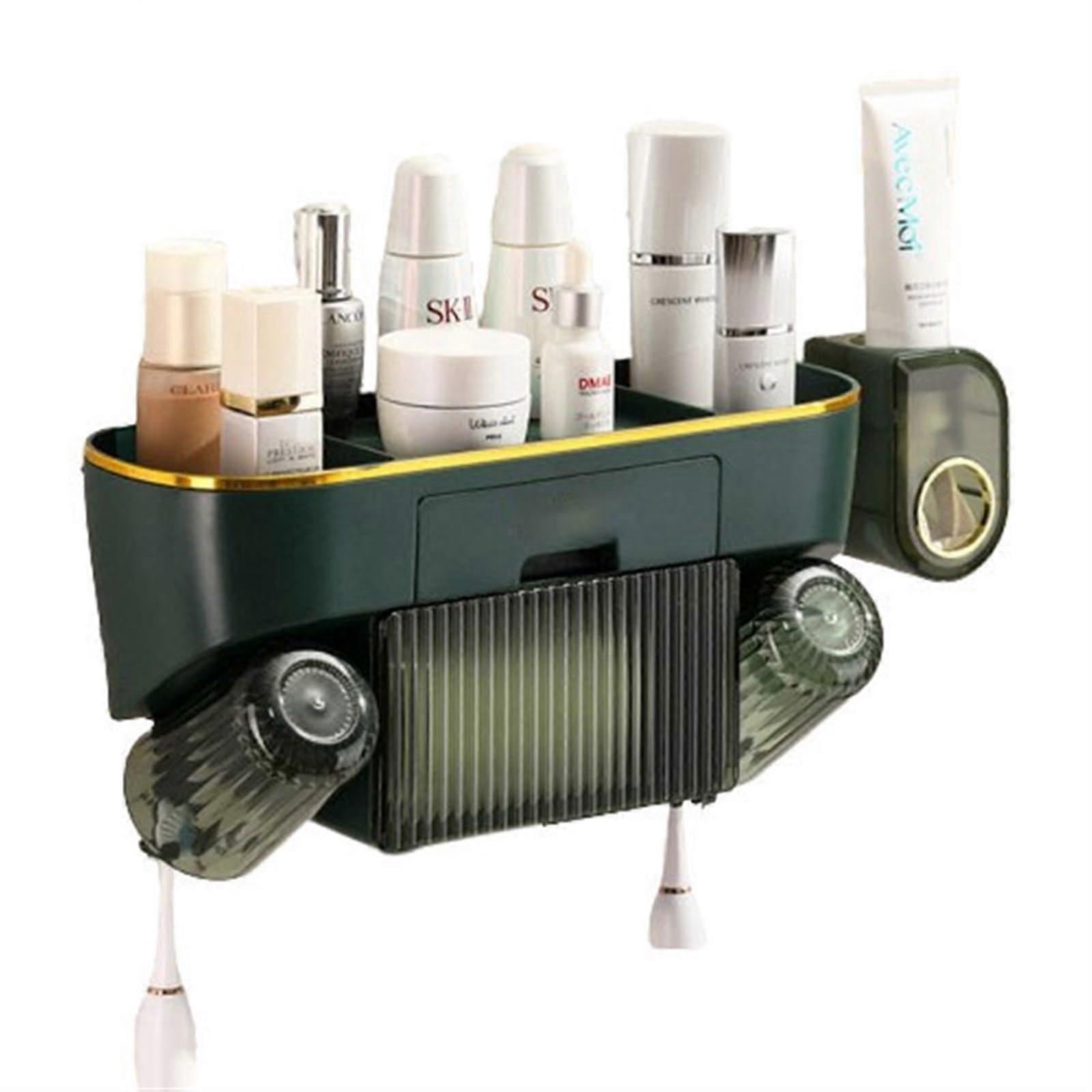 Bathroom Wall Organizer with Toothbrush Holder, Automatic Toothpaste Dispenser and Tissue Storage, Green