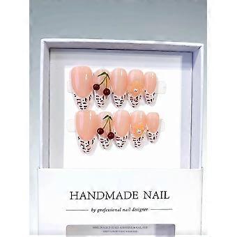 Long Almond Press On Nails Pink Cherry Pearl Design, Reusable Resin False Nails Set Medium 10pcs
