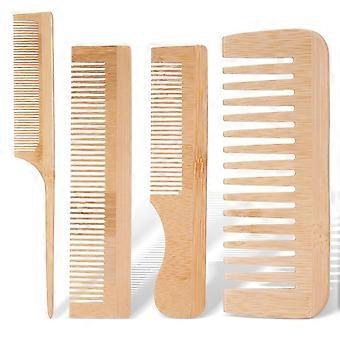Conjunto de 4 pentes de madeira com dentes largos, feitos à mão em bambu, antiestáticos, para cabelos cacheados, grossos e ondulados, para mulheres e homens.
