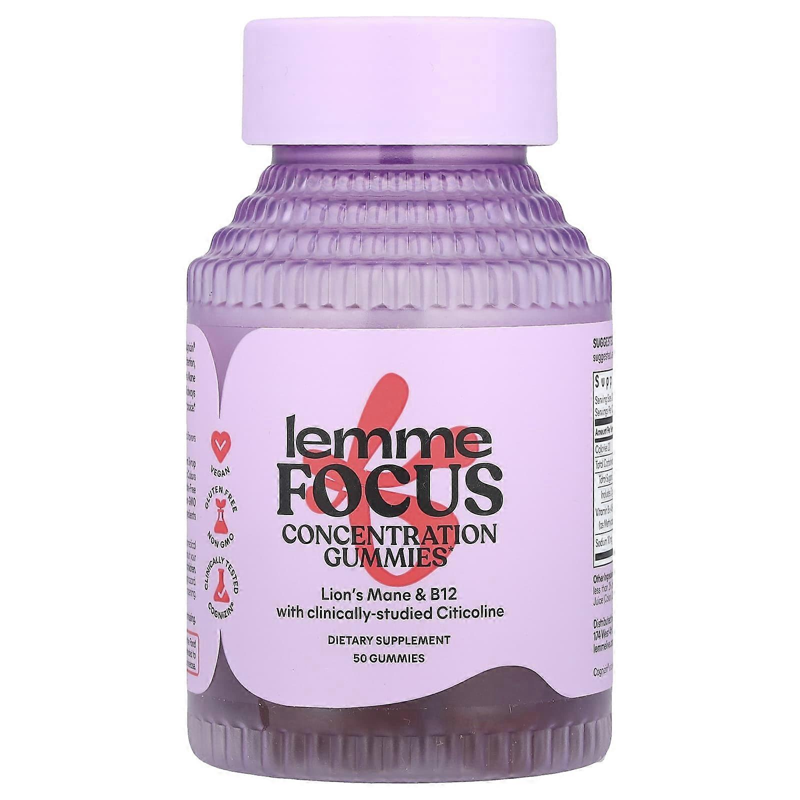 Lemme, Focus, Concentration Gummies, Strawberry, 50 Gummies