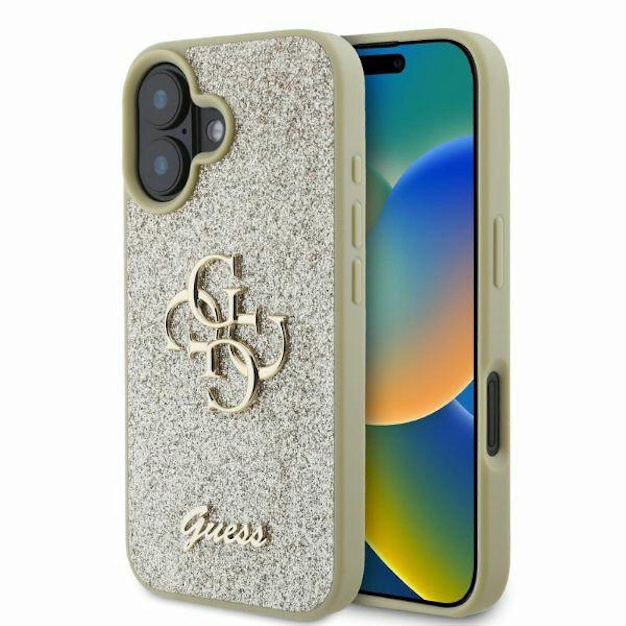 GUESS Apple iPhone 16 Fixed Glitter Big 4G Design Protective Case Cover Gold