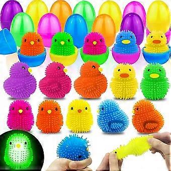 12-pakning påskeeggfylte LED-kylling-and-pufferballer påskeeggfyllingsleker, lysende stresslindrende fidget-leker klemball påskekurvfyllere