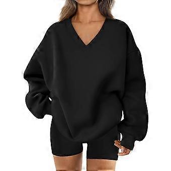 Top de mujer con cuello en V, tejido de poliéster suave, corte holgado, jersey, color liso, manga larga, sudadera para el armario de otoño/invierno, negro, talla S