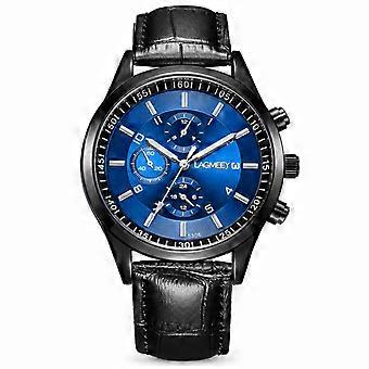 Men's Watch Binbang Leather Strap Black Case Blue Dial Luminous Waterproof Chronograph Sports Student Trendy JY