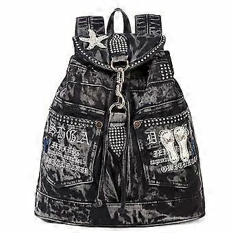 Women's Retro Rhinestone Studded Backpack, Soft Drawstring College Bookbag with Adjustable Shoulder Straps and Large Capacity Pockets for Travel