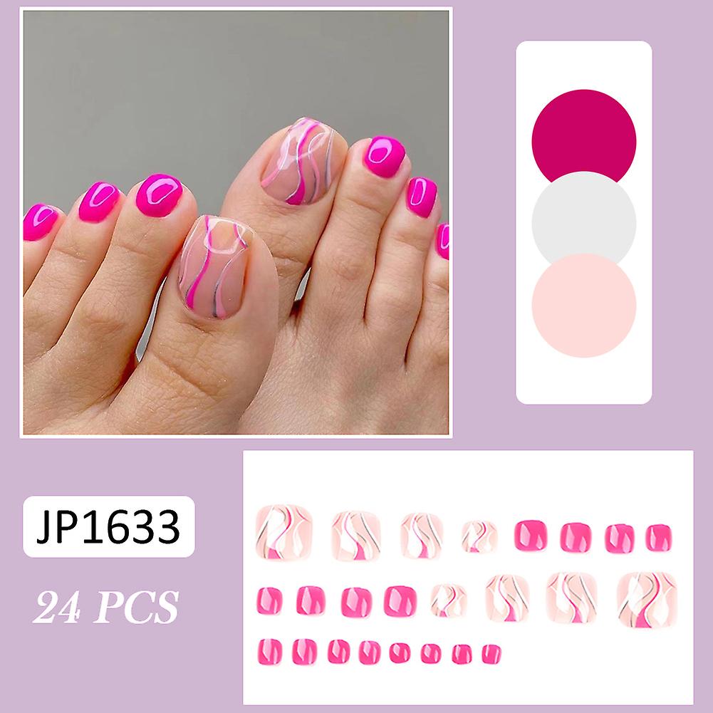 Rose Red Wave Lines Printed False Toenail Long Lasting Safe Material Waterproof False Nails