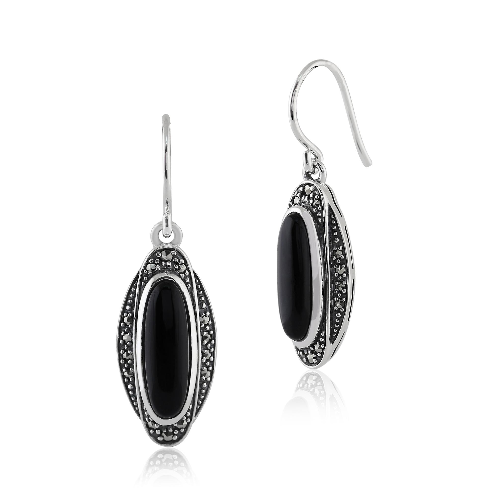 Art Deco Style Oval Black Onyx Cabochon & Marcasite Drop Earrings in 925 Sterling Silver 214E627801925