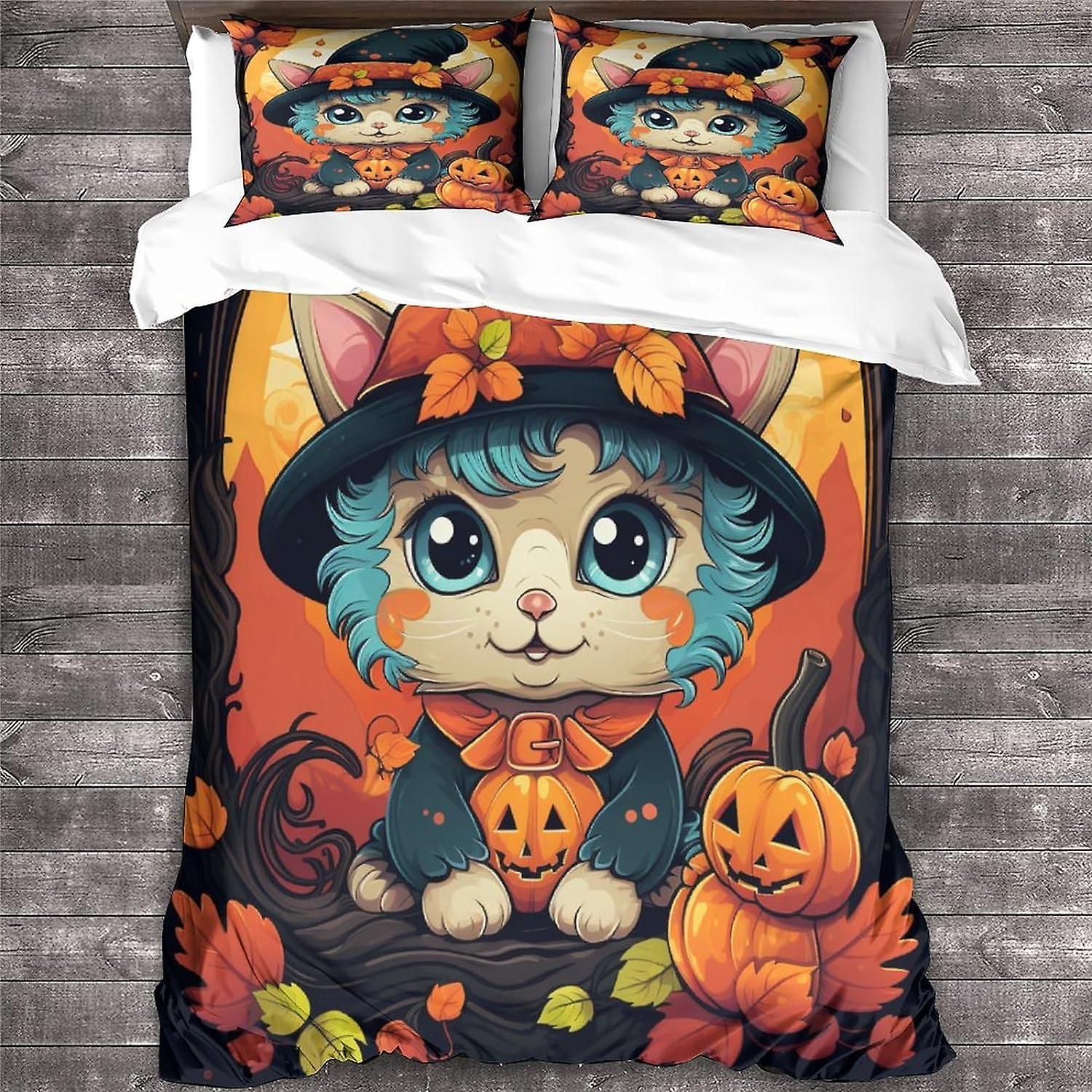LikeEj Cat Duvet Cover Set, 3D Halloween Bedding Set with Microfiber Pillowcases & Zipper Closure Quilt Case Animal Printed Effect King
