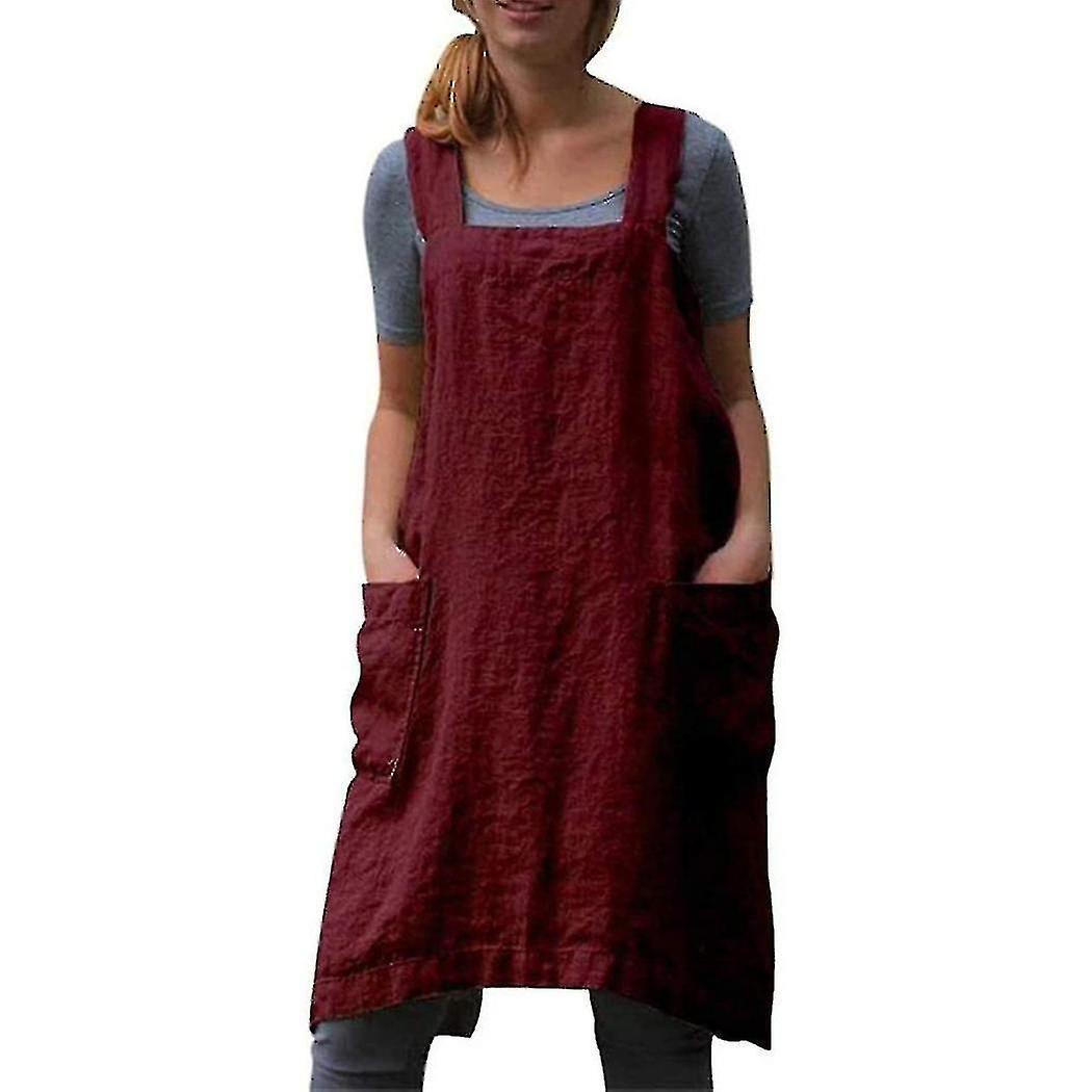 Nuovo grembiule posteriore in lino di cotone 2023 per le donne con tasche Vestito Pinafore per cucinare