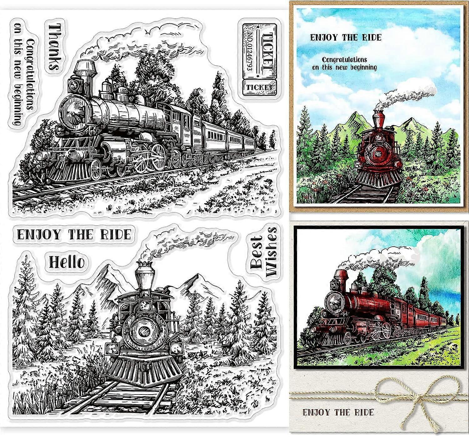 1sheet Vintage Trains Clear Stamps for Card Making Decorative Words Background Steam Car Transparent Silicone Stamps