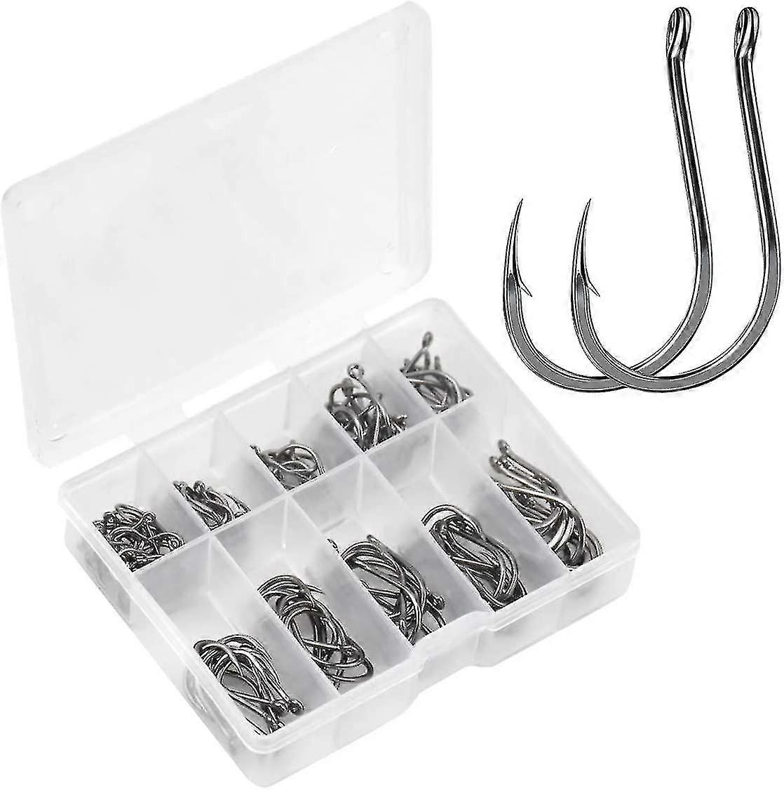 100 Pcs Barbed Fishing Hooks, 10 Sizes Fish Hooks 3# - 12#, Eyed Fishing Hooks, Circle Hooks For Fishing In High Carbon Steel With Plastic Box