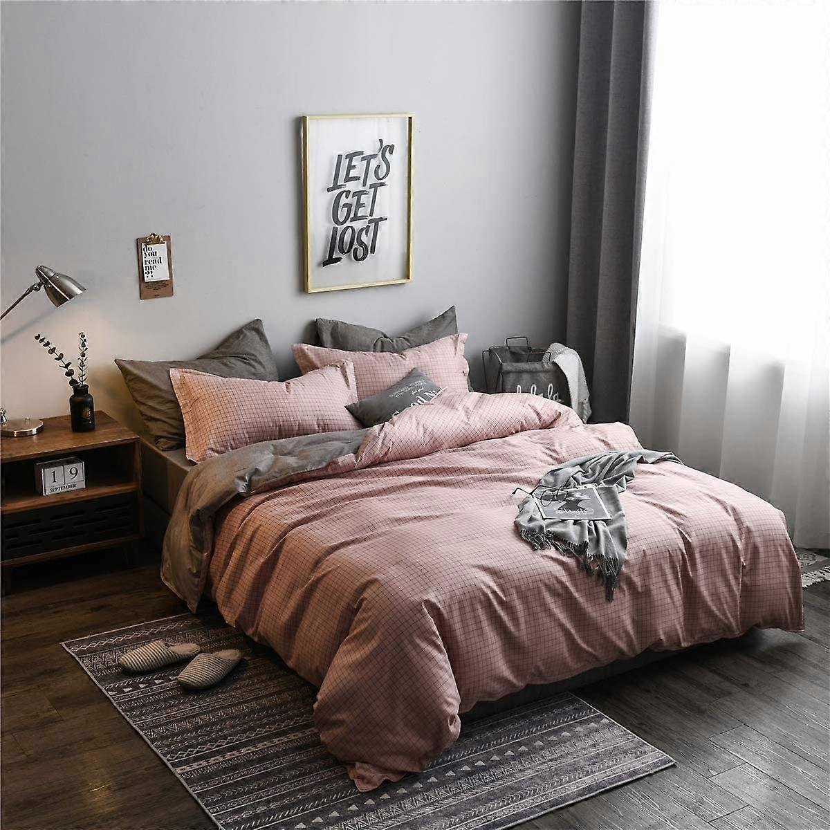4pcs Microfiber Plain Pattern Plaid Bedding Set (220x240cm,Apricot)