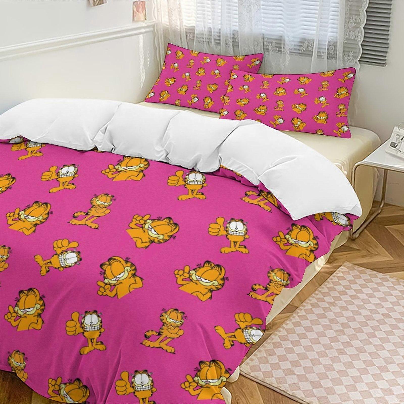 v7223 Lenzuola Biancheria da letto Rose Pink Garfield Comforter Set Soft 3 Pcs Twin Bedding Set Addensare per tutte le stagioni, 1 Trapunta 2 Cuscino Shams Lenzuolo