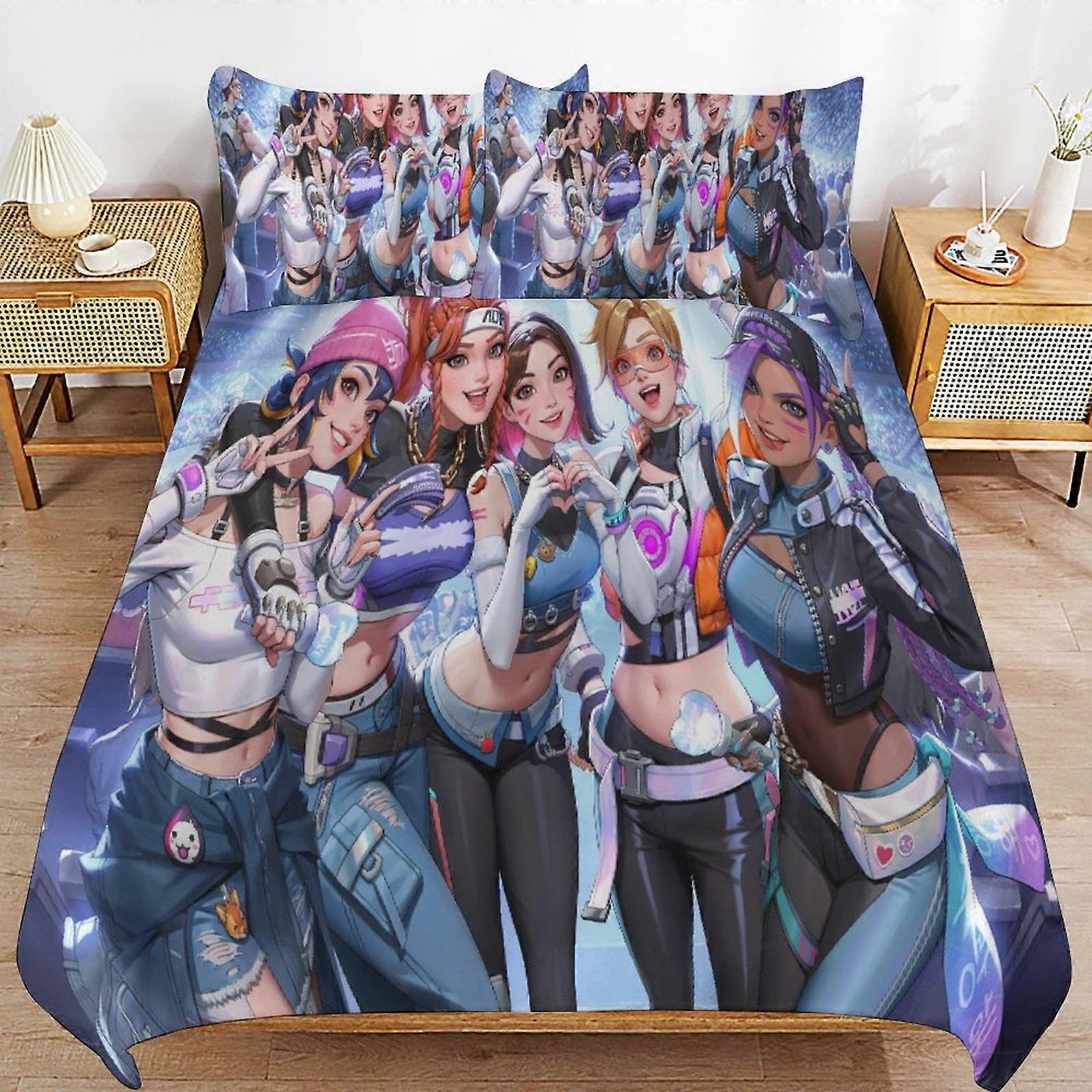 v4626  Bed Sheets Bedding Overwatc-h Over-watch 3 PCS Comfort Set with 2 Pillowcases,Overwatc-h Over-watch Bedding Set Sheet Set for Kids Adults,All S