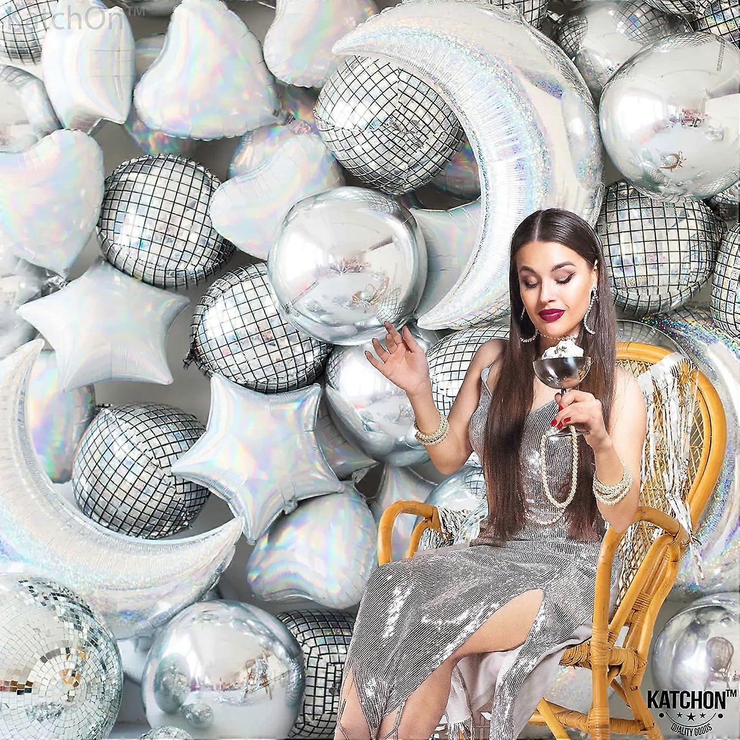 Silver Disco Ball Balloons - 6 Pack 22 Inch Mylar Foil Balloons For Party Decorations