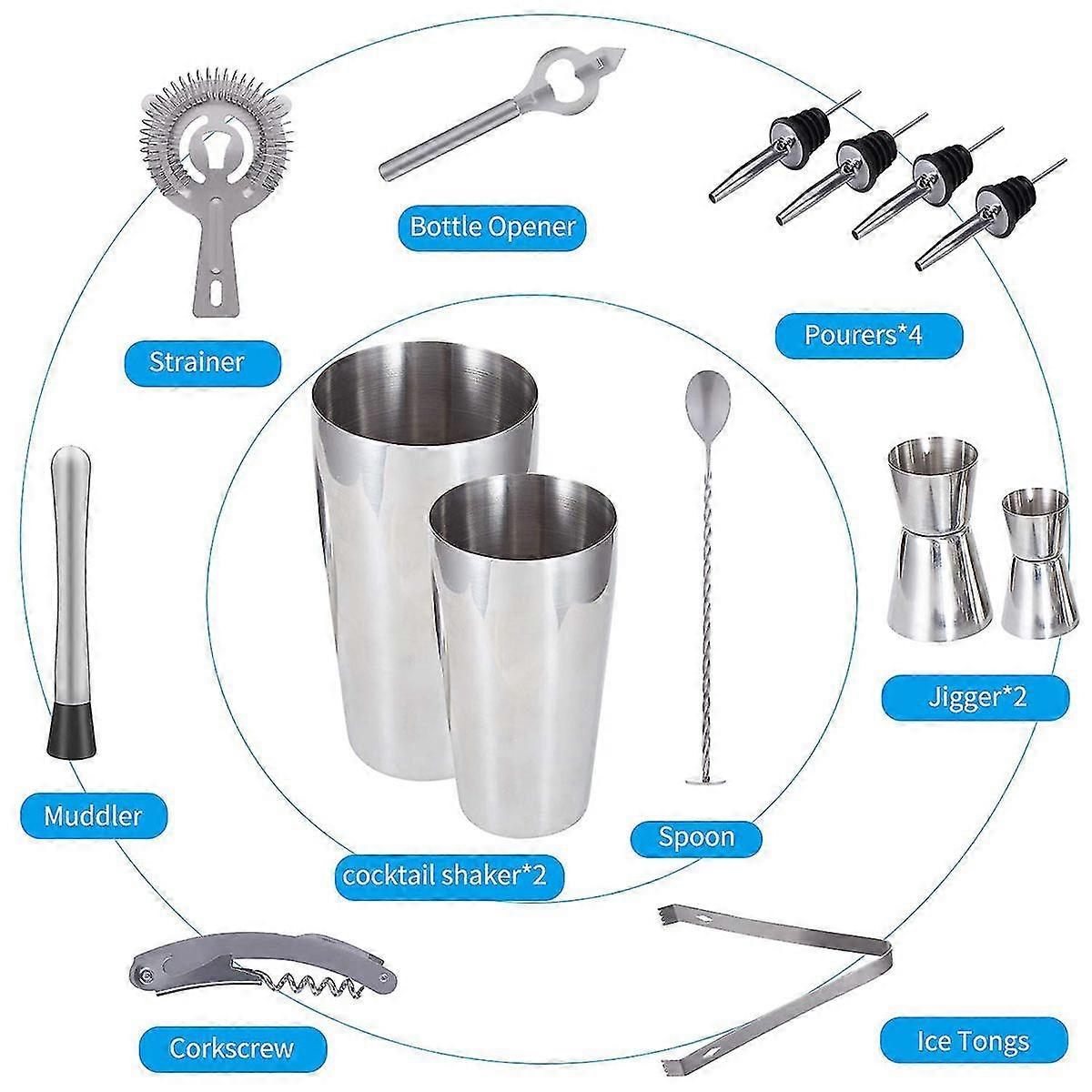 14pcs Cocktail Maker Shaker Martini Spirits Bar Strainer Bartender Mixer Kit Set