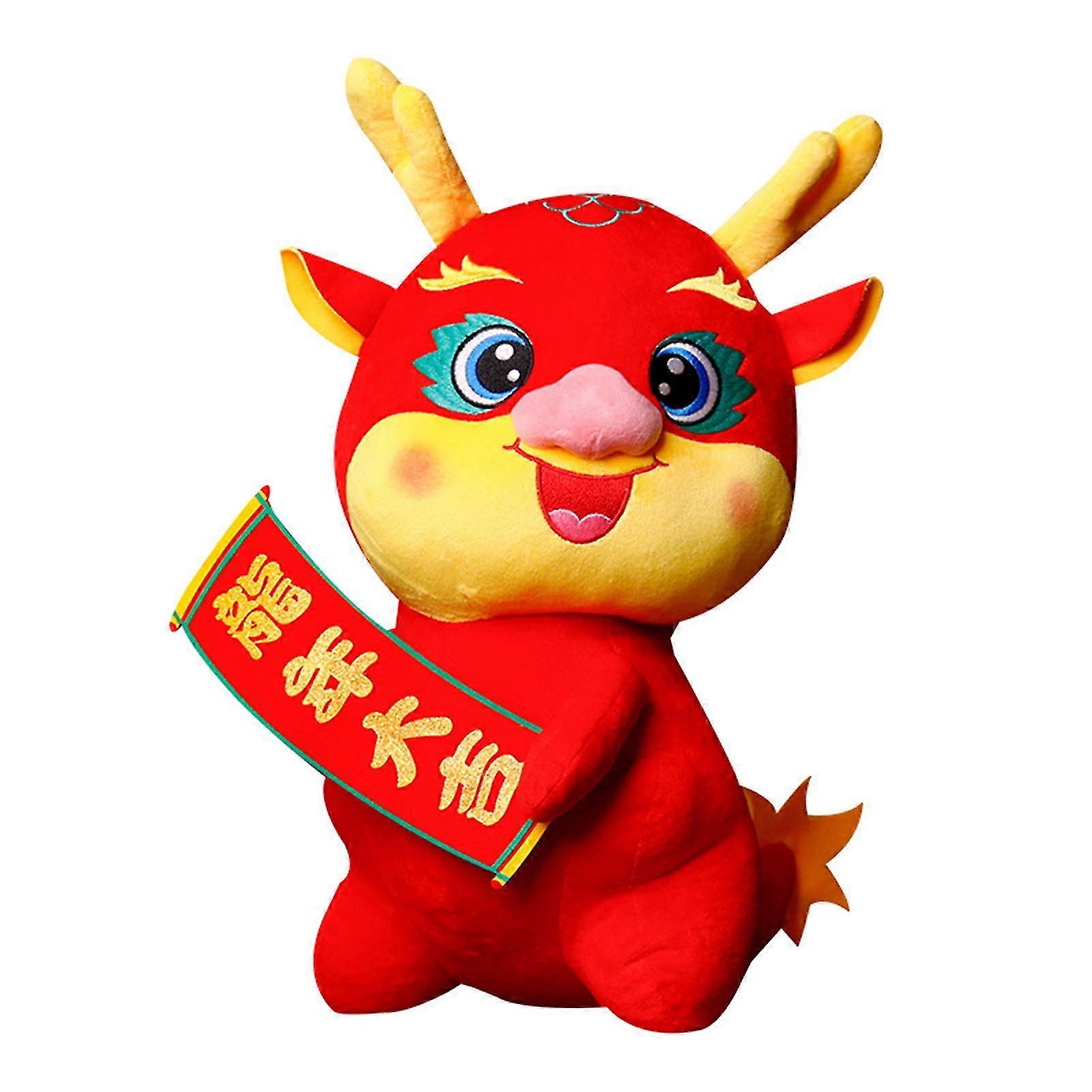 Cartoon Chinese Zodiac Dragon Plush Doll Hold Blessing Banner Year Of 2024 Dragon Mascot Plushies Stuffed Animal Doll New Year Party Home Decoration F