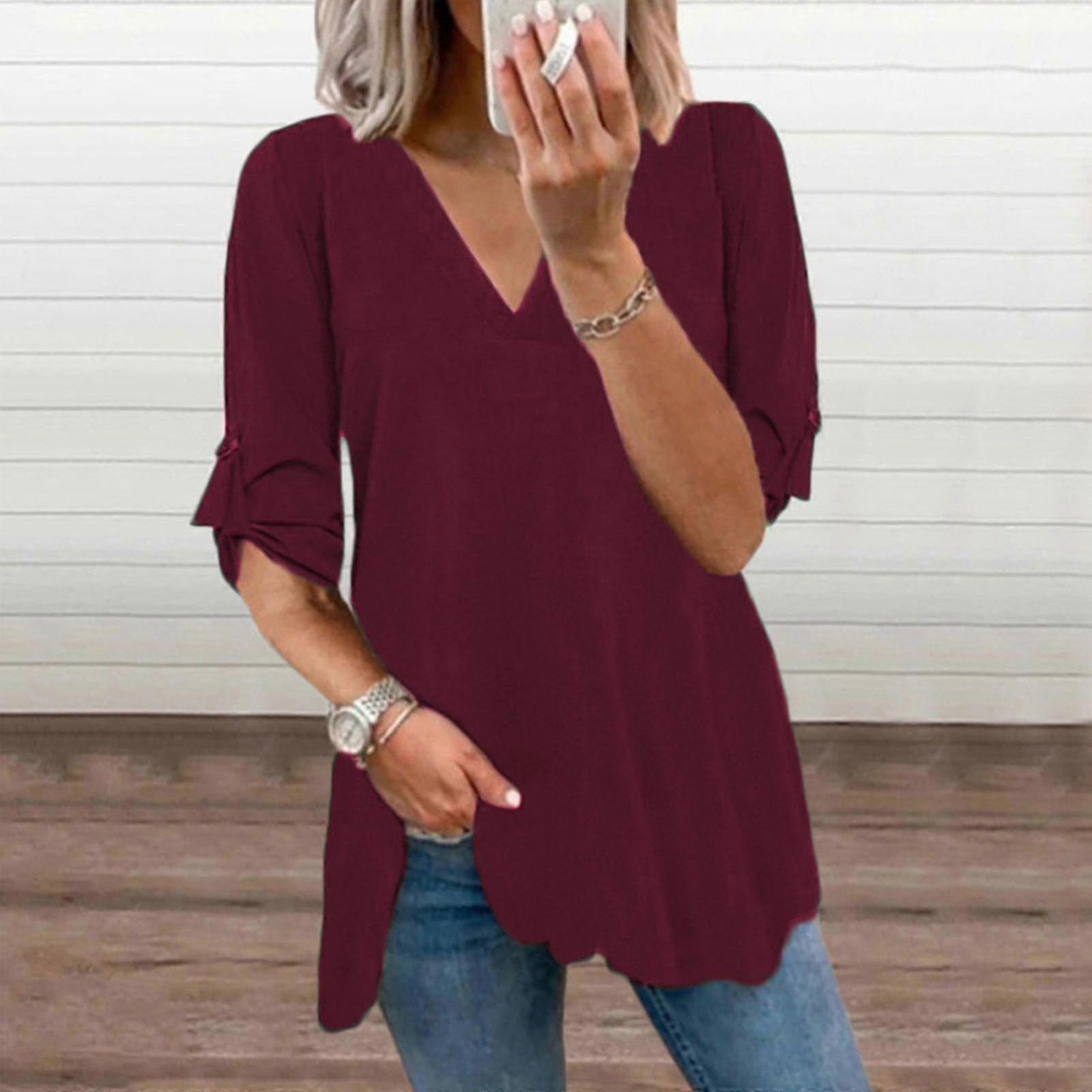 Women's Casual Långärmad Blus Hedging V-ringning Solid Shirts Tops