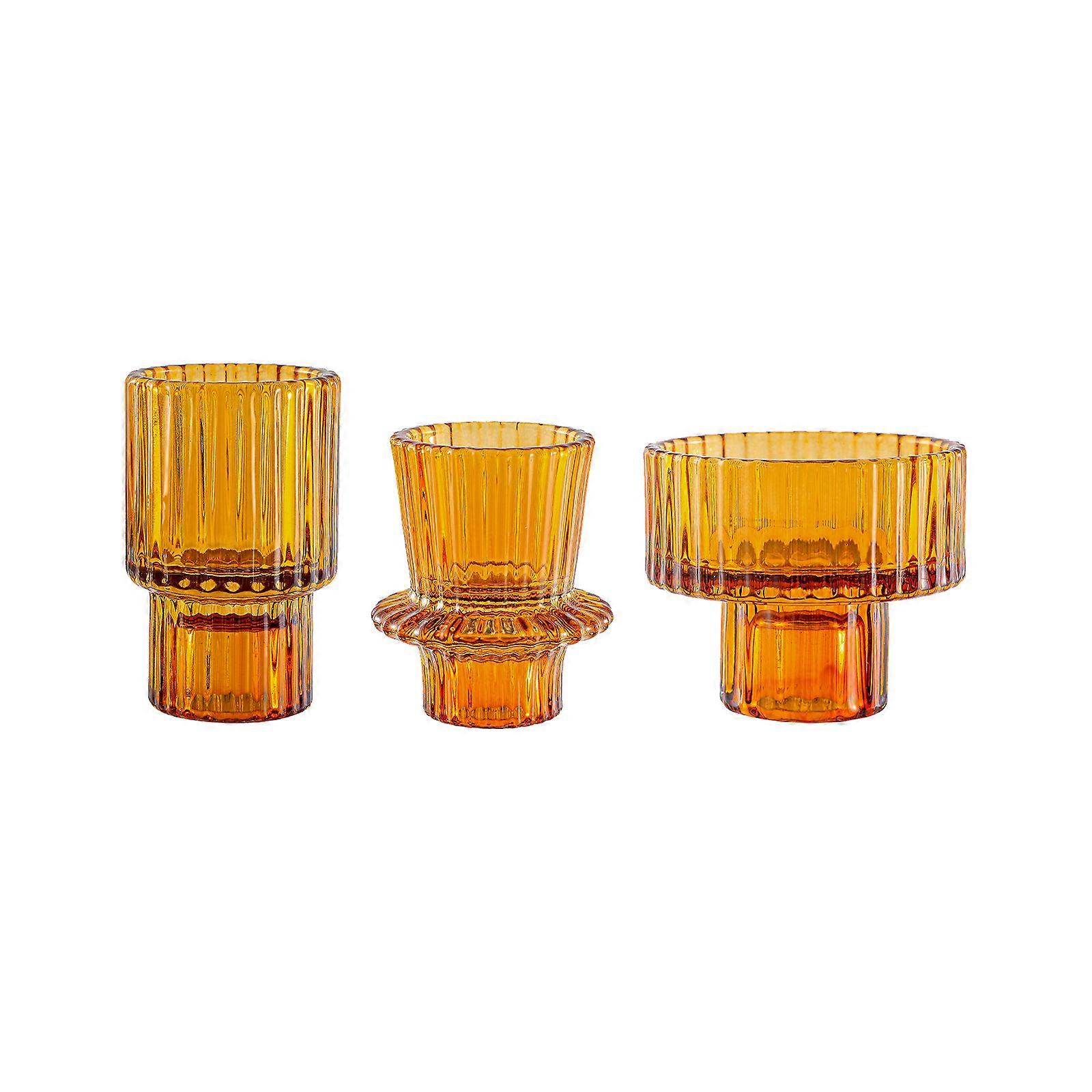 Amber Glass Candle Holders - Set of 3, Taper Candlestick Holder, Two Different Sizes, Modern Fluted Design,Decorative Centerpiece for Wedding Table or