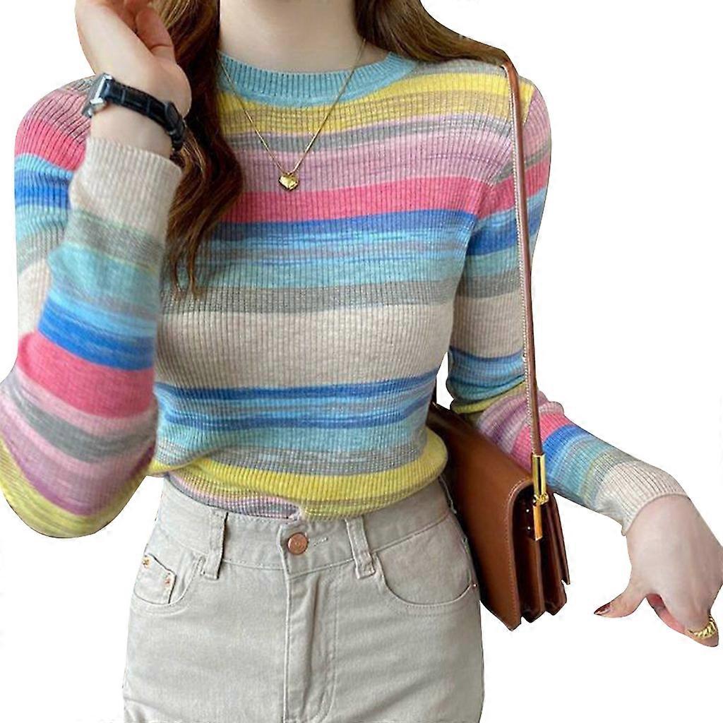 Damen Langarm Rundhalsausschnitt Stricktop Regenbogen Bunte gestreifte Basic Pullover