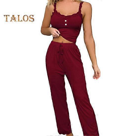 2 Pcs/Set Women Crop Top Pants Suit Flower Edge V Neck Drawstring Elastic High Waist Solid Color Sleeveless Elastic Camisole Long Trousers Set