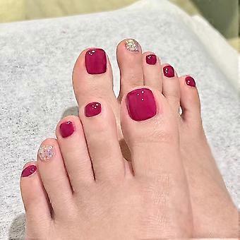 Rose Red Glitter Fake Toenails Solid Color Rose Red Full Cover Nails  Jelly Glue Model