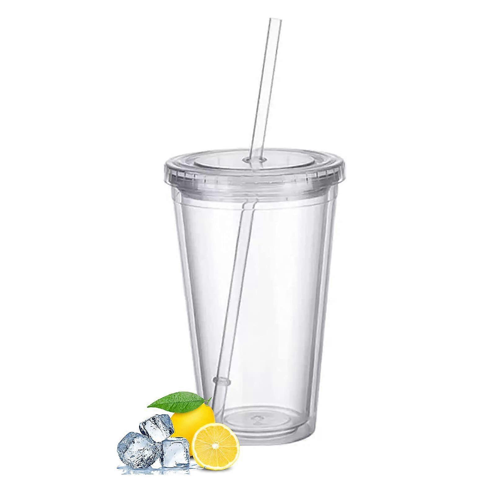 Reusable Plastic Cups, Double-Walled Transparent Drinking Cup with Straw, Reusable Cups, Suitable for Fruit Juice