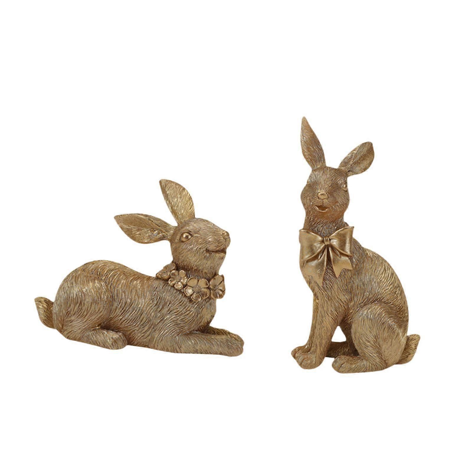 2 Pieces Easter Rabbit Statues Cute Easter Bunny Figurines for Indoor Office Gold
