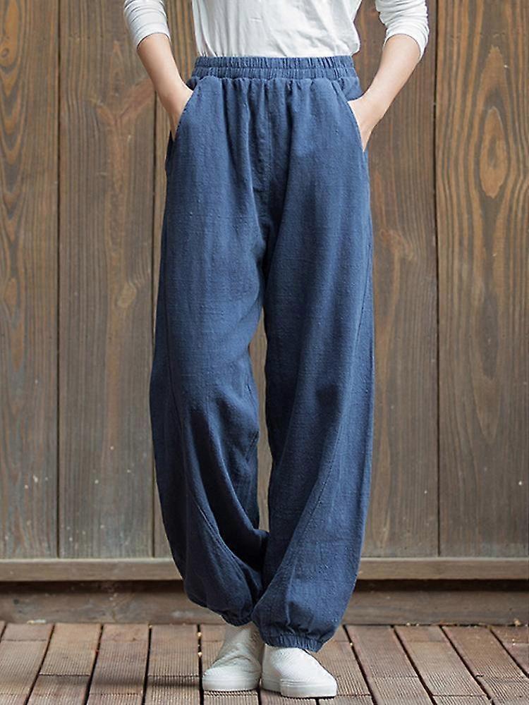 Johnature Women Linen Wide Leg Pants 8 Color Vintage Elastic Waist Spring Trouser Pockets Loose Casual Female Long Pants