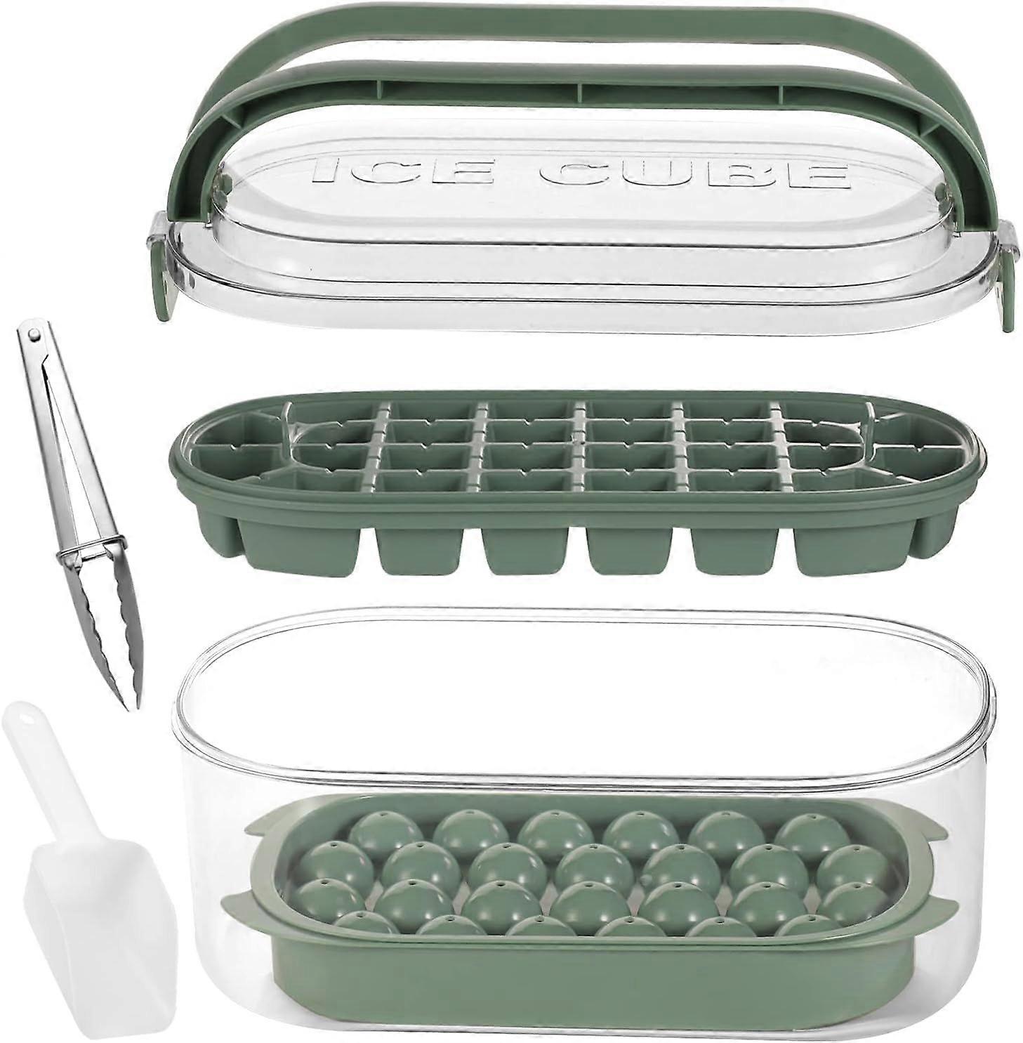 Ice Cube Tray with Lid and Storage,2 Tiers Ice Cube Moulds Round and Square Ice Tray,with Hidden Handle,with Ice Tong & Scoop