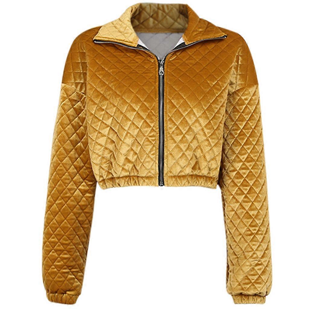 Women Diamond Lattice Quilted Bomber for Jacket Long Sleeve Zip Up Velvet Crop C  S Gold