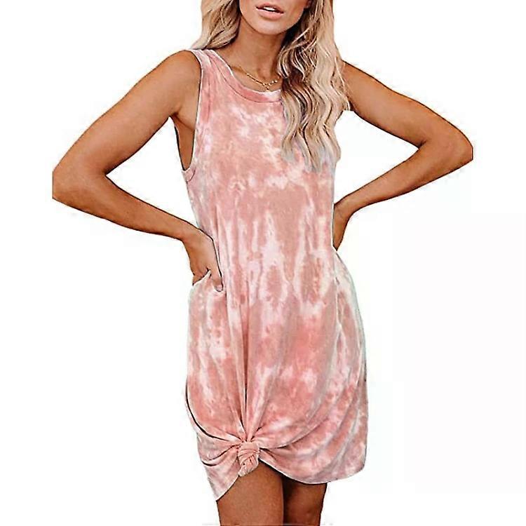 Tie-Dye A-Line Vest Dress for Women-Mid-Length,Round Neck,Orange Red,M Orange Red,M