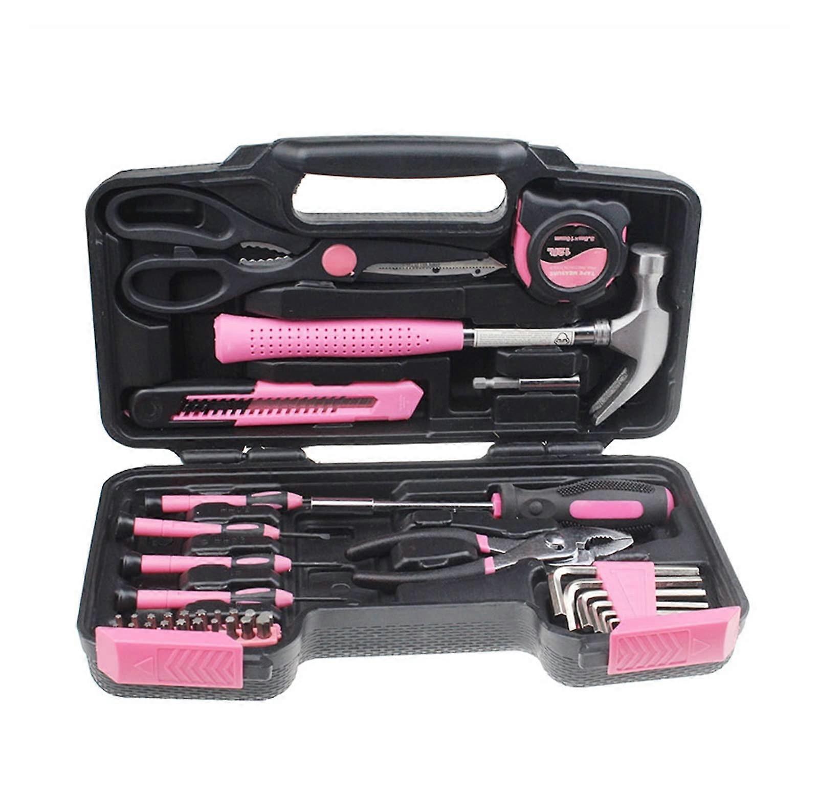 Pink 39 Piece DIY Household Home Hand Tool Set Kit Box with Hard Storage Case Hand Tool Set