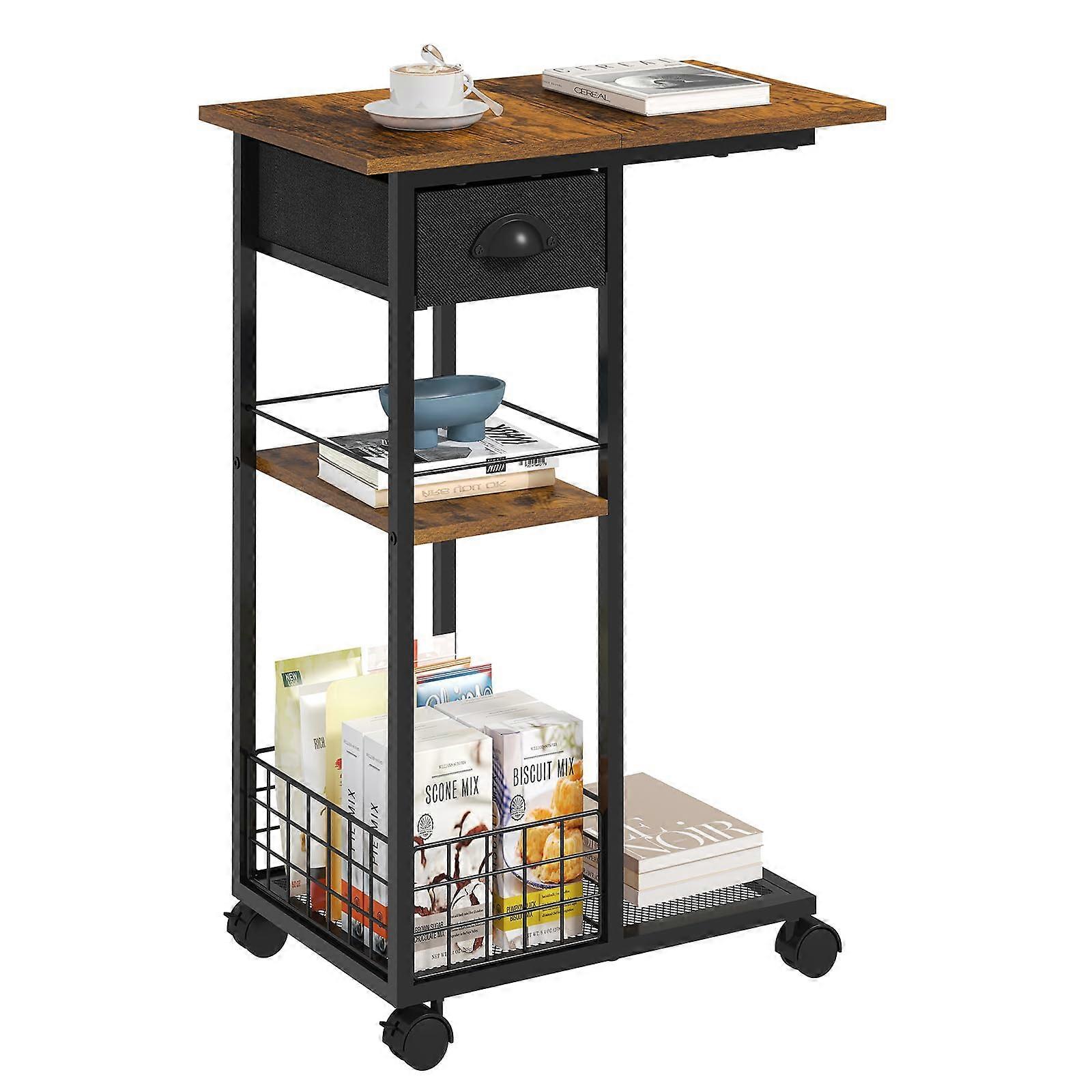 C Shaped End Table, Vintage Side Table with Drawer, Sofa Table with Wheels  Storage Basket for Living Room, Bedroom, Bedside, Rustic Brown and Black
