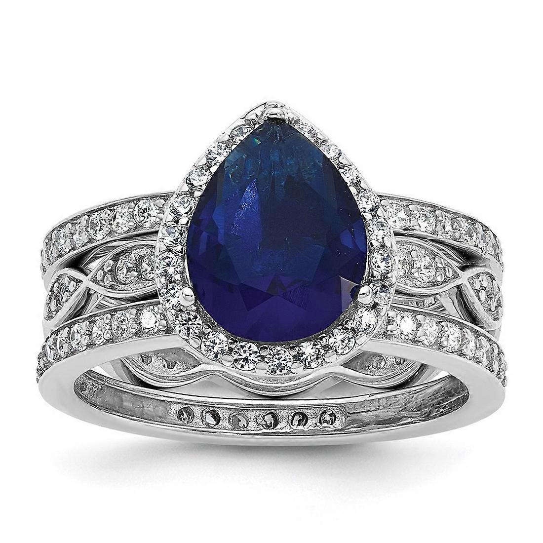 12.15mm Ss Rhodium Plated Lab Created Sapphire and Cubic Zirconia Teardrop Halo 3 Ring Set-Ring for Women - Ring Size: 5