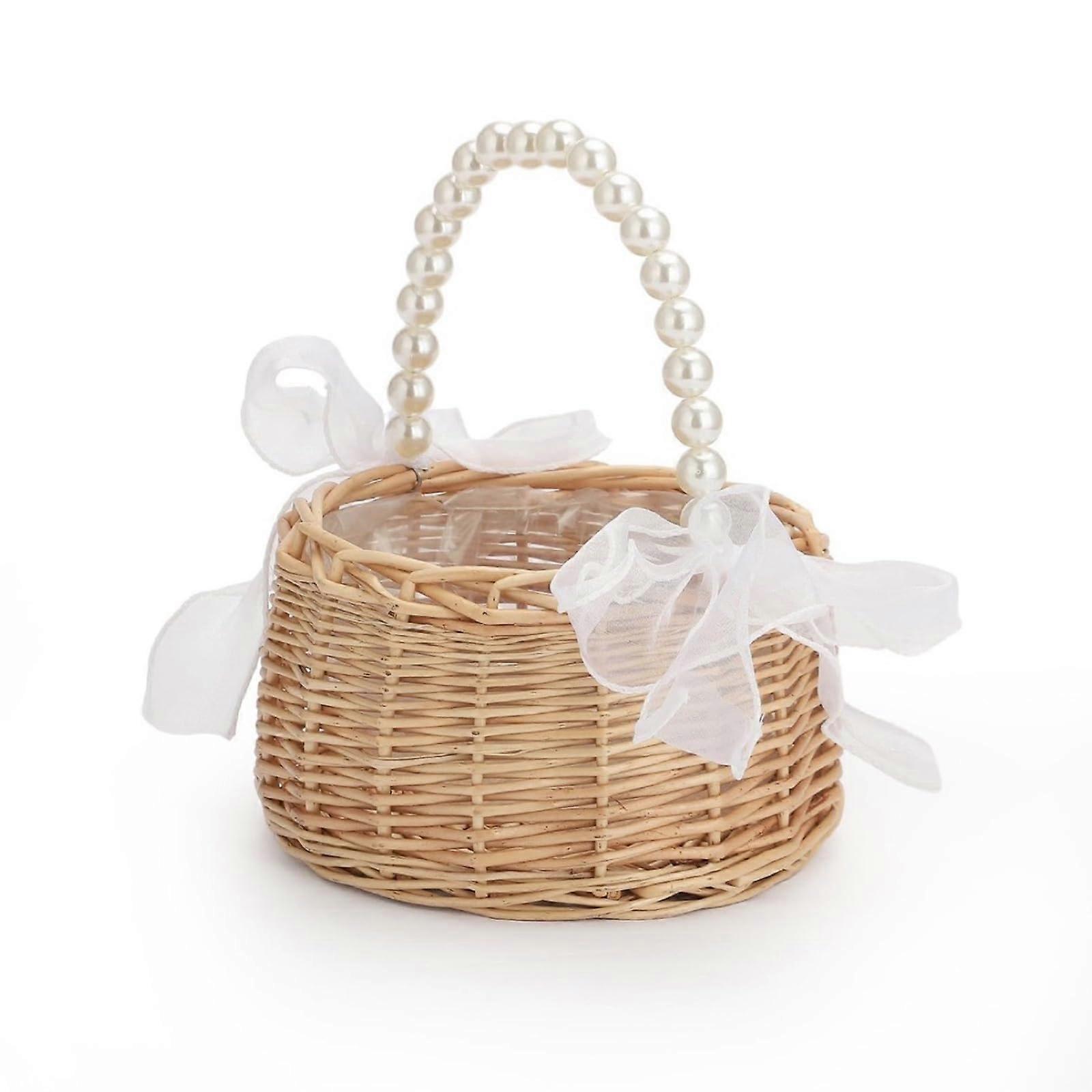 Wicker Flower Girl Basket, Rustic Elegant Wedding Baskets with Pearl Handle and Ribbon Bow