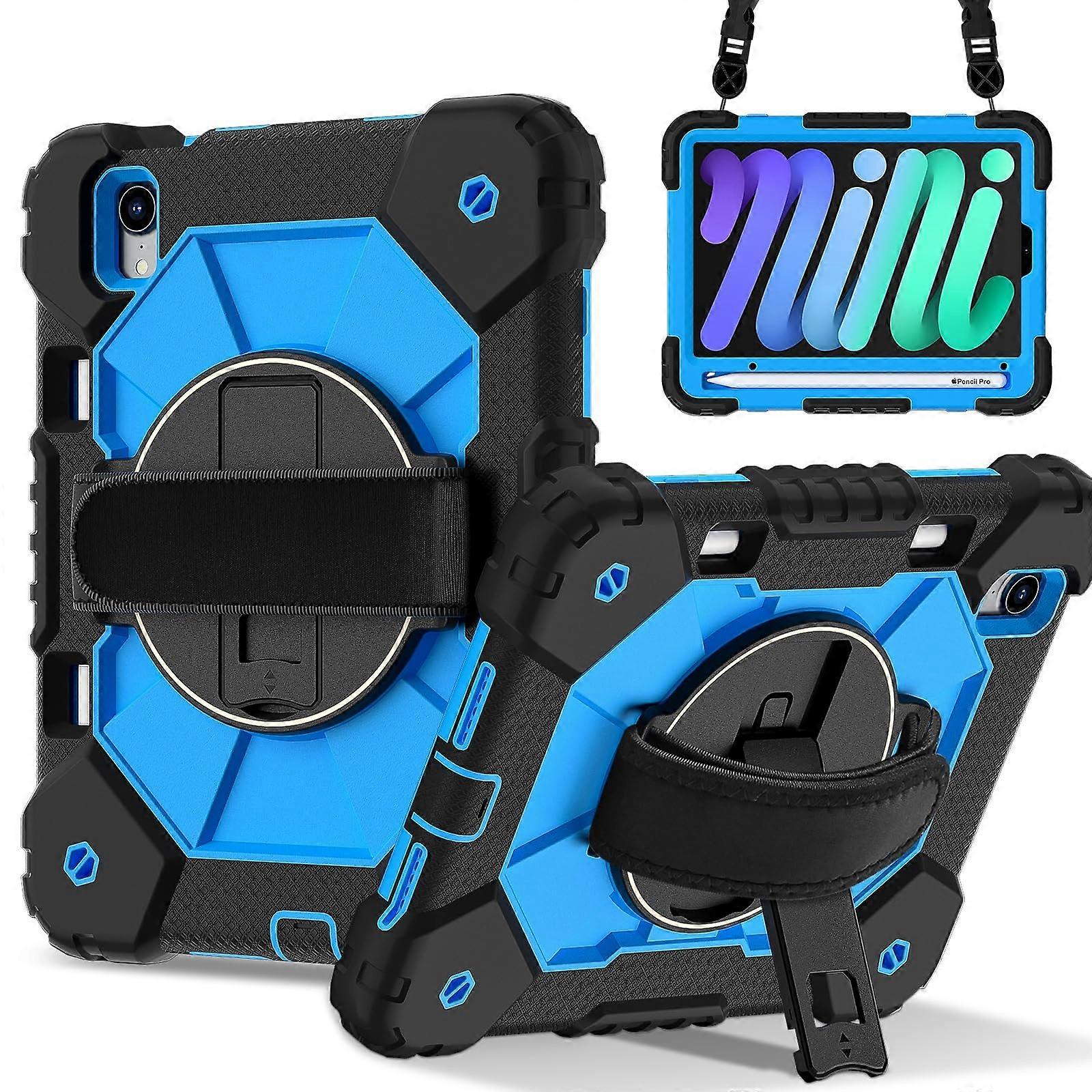 Tablet Protection Rugged Case Compatible With iPad Mini 7th Gen 2024, Adjustable Stand, Shoulder Strap, Pen Holder