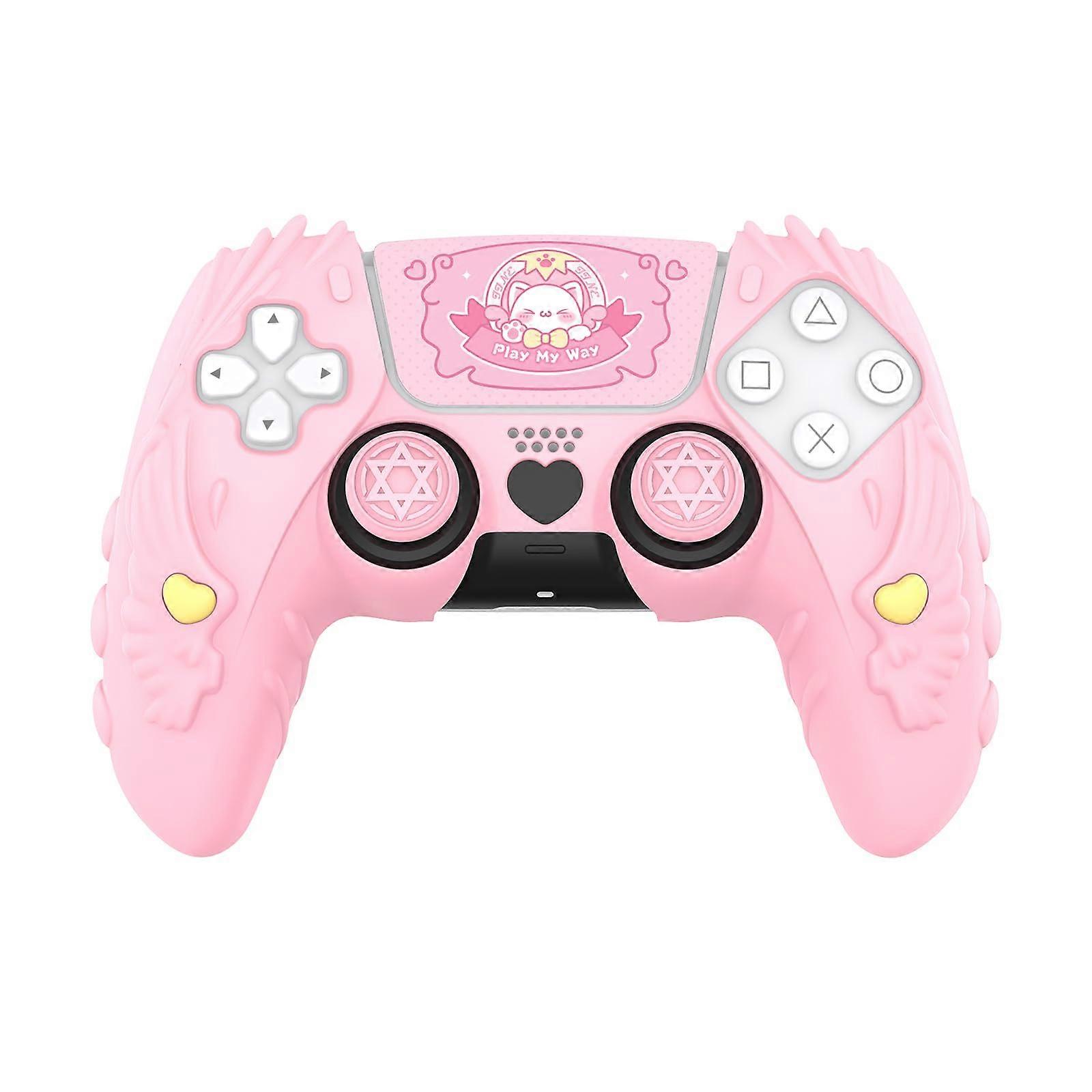 Cute Pink Silicone Case for PS5 Controller with Thumb Grip Caps