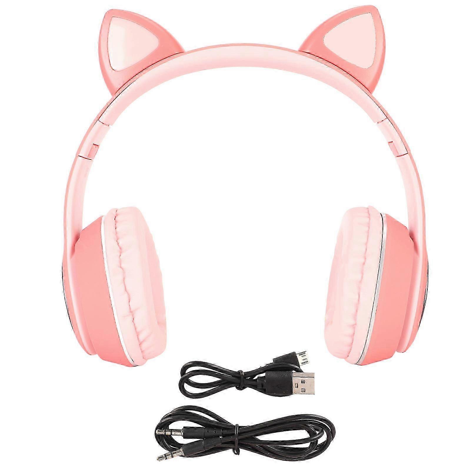 Pink Cat Ear Gaming Headset with Bluetooth Compatibility, Small Memory Card Support, LINEIN Mode, LED Microphone for Gaming Use