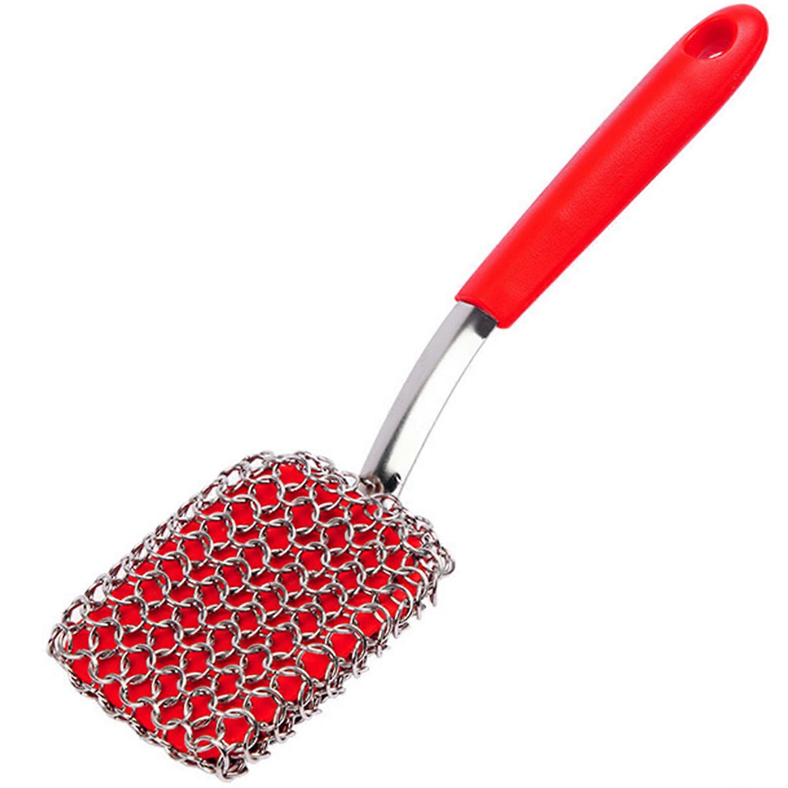 Cast Iron Scrubber with Silicone Handle - Durable Chainmail Dish Cleaning Pad