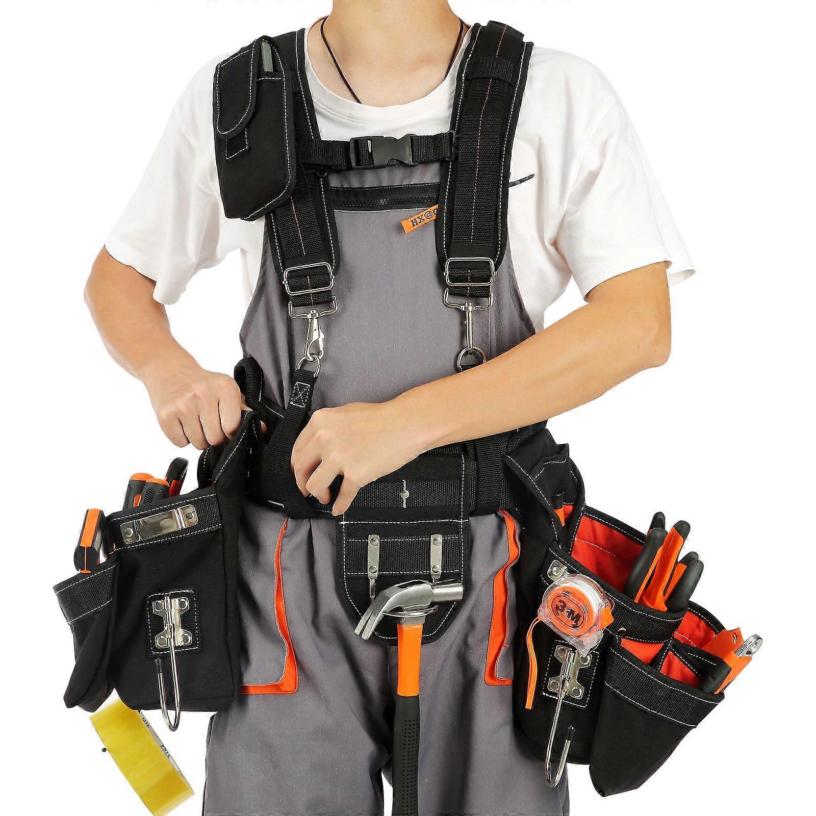Cinto de ferramentas com suspensórios, 34 bolsos, 29-54 polegadas, 1250D Nylonfor carpinteiros, eletricistas e jardinagem, preto