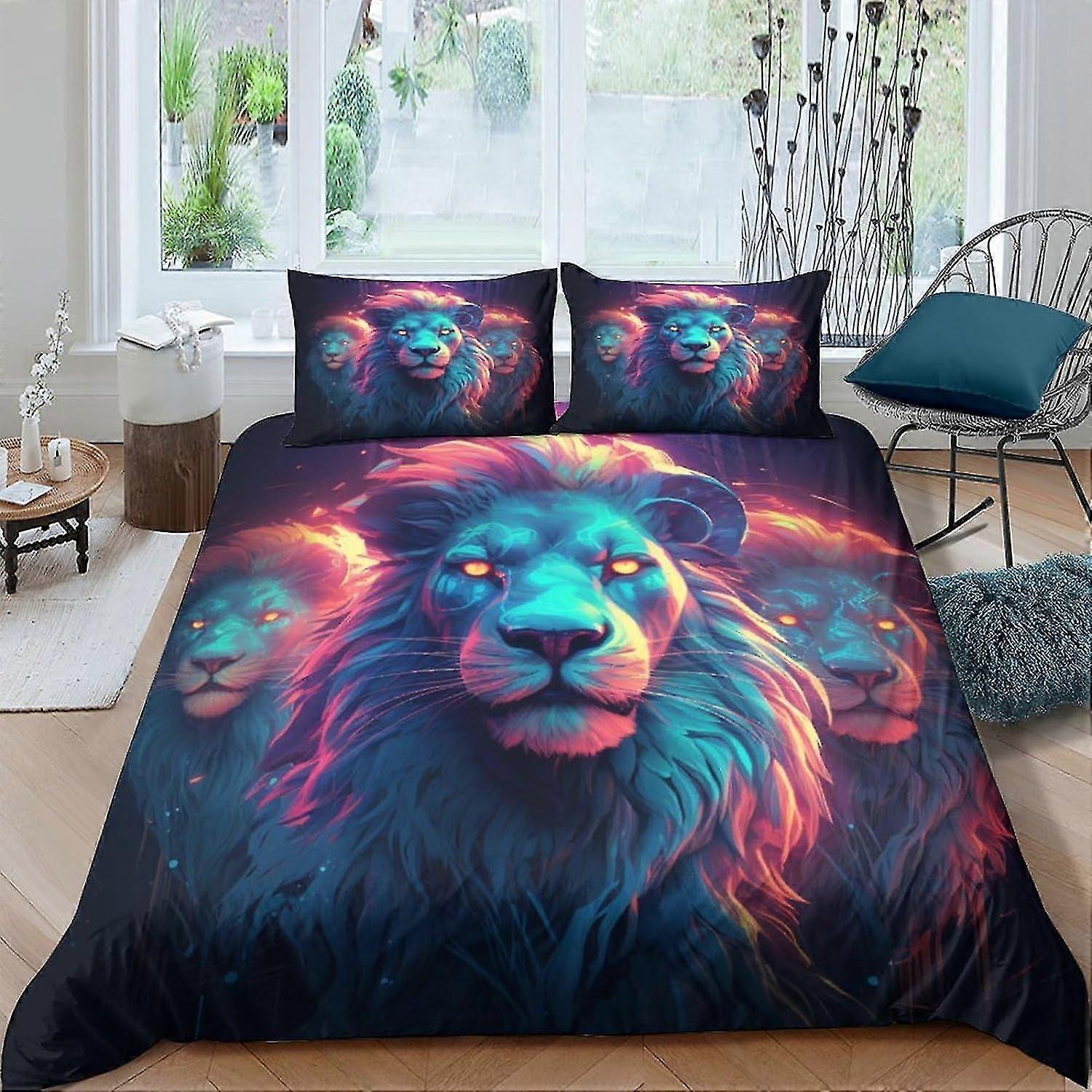 3D Printed Lion Duvet Cover Set Soft Microfiber Bedding Set for Adults Teens Kids 3 Pieces with Pillow Cases and Zipper