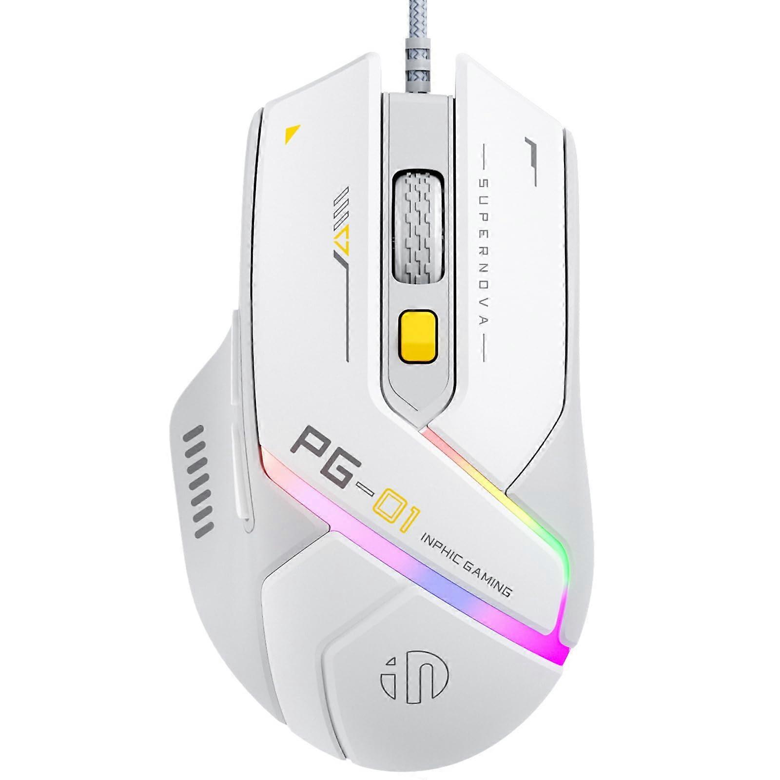 PG1 Wired Gaming Mouse, 12800 DPI, 6 Buttons, RGB, Ergonomic for PC/Mac White